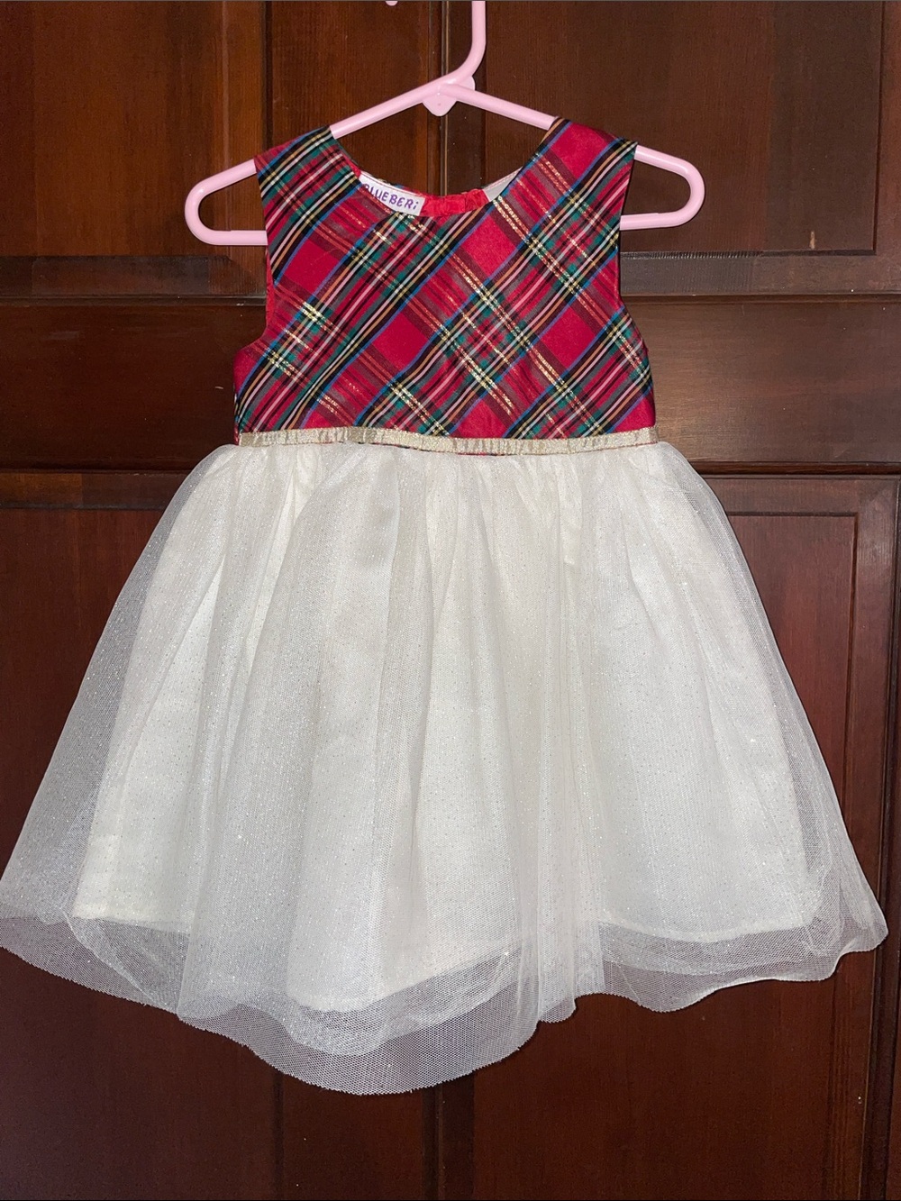 Blueberi Boulevard Red Plaid & Cream Tulle Party Dress for Girls